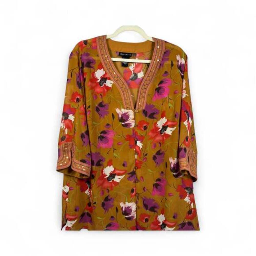 Maggie Barnes Womens Rusty Brown Floral Chiffon Embellished Button Up Blouse CL